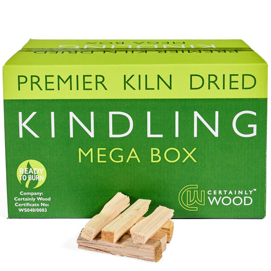 Green box of Premier Kiln Dried Kindling with wooden kindling sticks on a white background