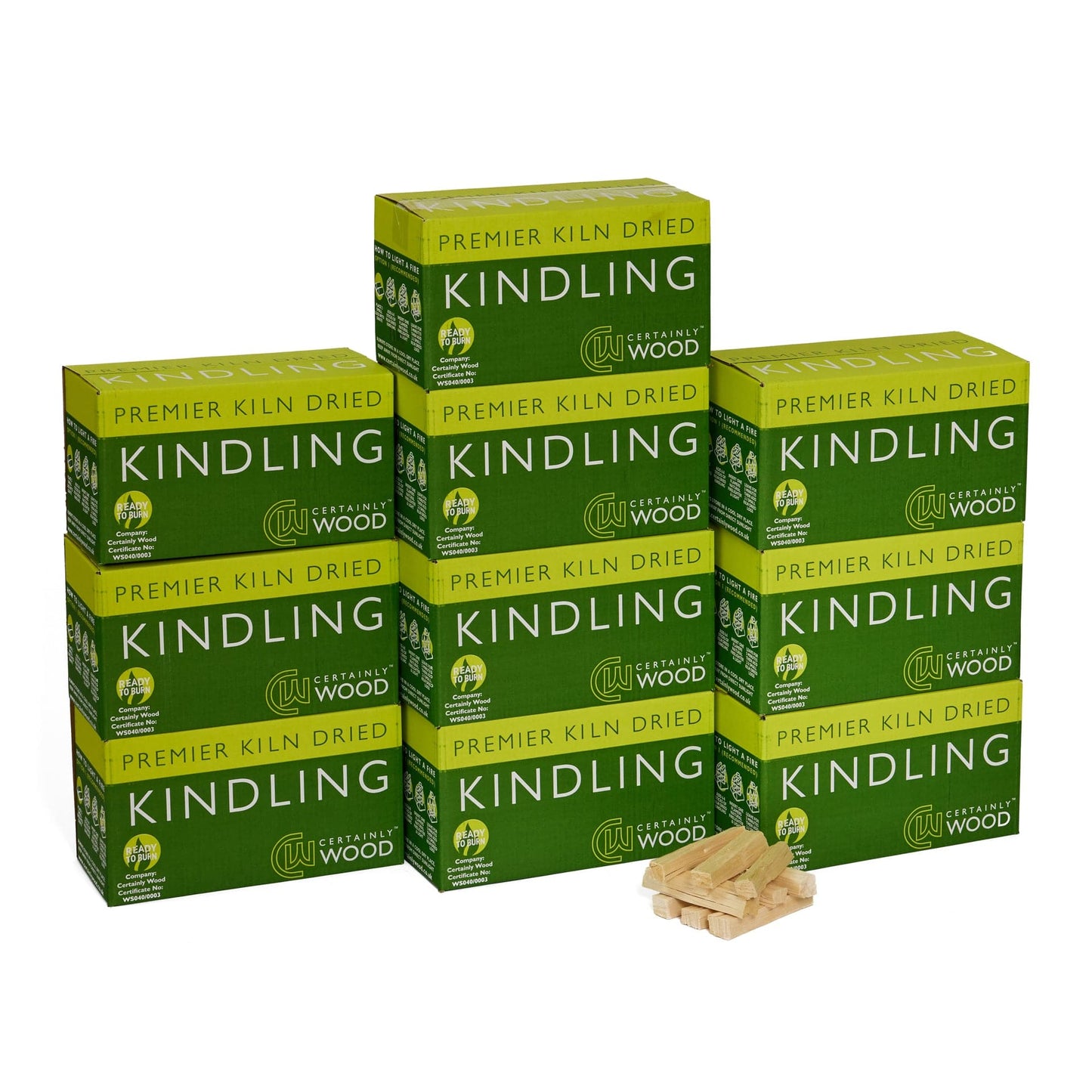 Multiple boxes of 'Premier Kiln Dried Kindling' with kindling pieces on a white background
