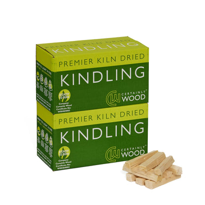 Box of Certainly Wood kindling with wooden kindling sticks on a white background