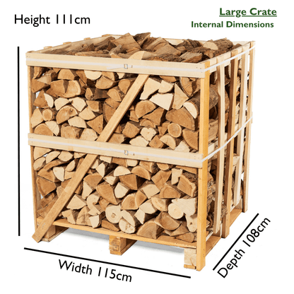 Wooden crate filled with firewood with dimensions labeled
