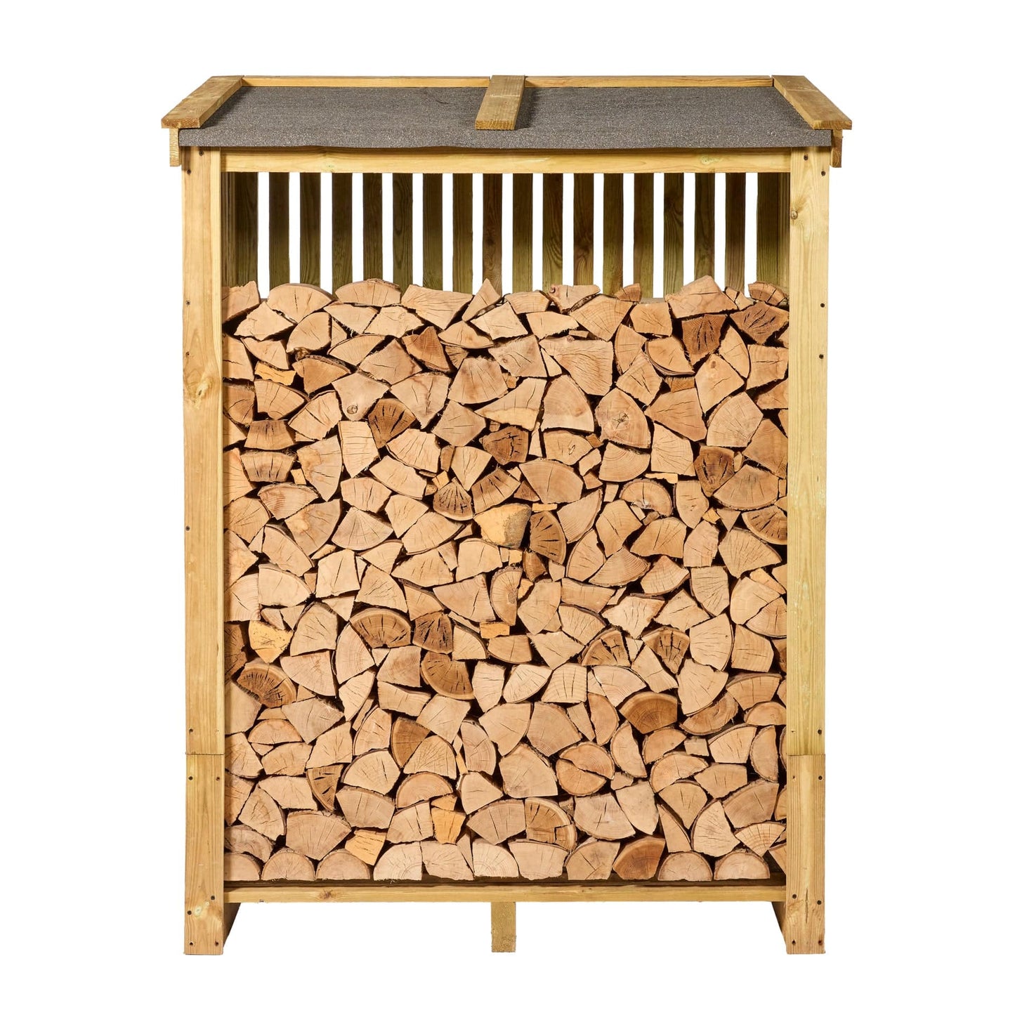 A wooden log store filled with cut logs, featuring a slatted side and a felt, waterproof roof.