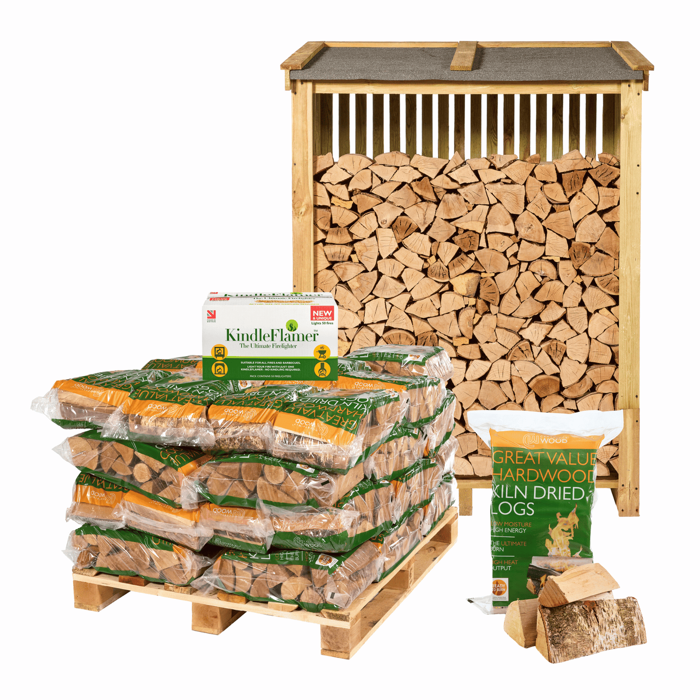 Log store, silver birch logs and KindleFlamer bundle