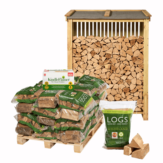 A log store with 40 bags of premium kiln dried ash logs and a box of 50 KindleFlamers