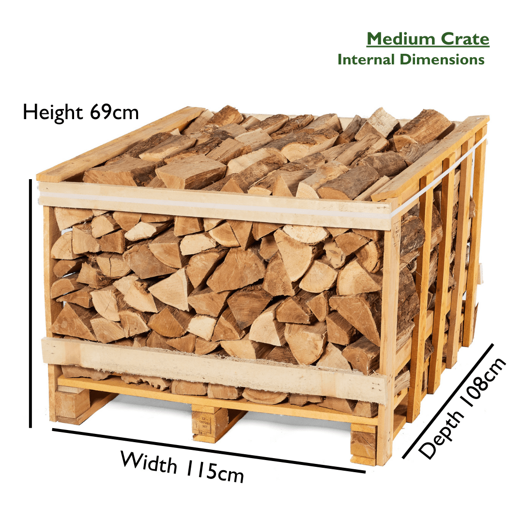 Wooden crate filled with firewood with dimensions labeled