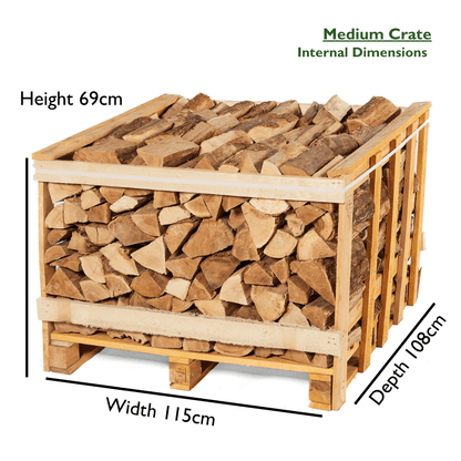 Wooden crate filled with firewood with dimensions labeled