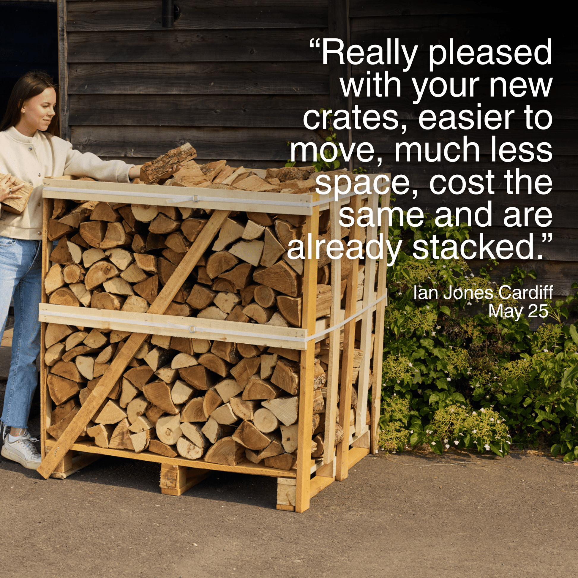 Person stacking firewood in wooden crates with a testimonial quote on a wooden background
