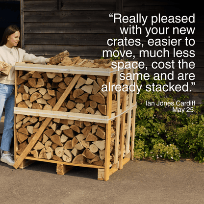 Person stacking firewood in wooden crates with a testimonial quote on a wooden background
