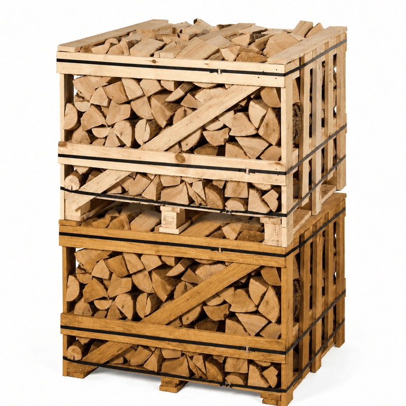 Stack of firewood oak and ash in wooden crates on a white background