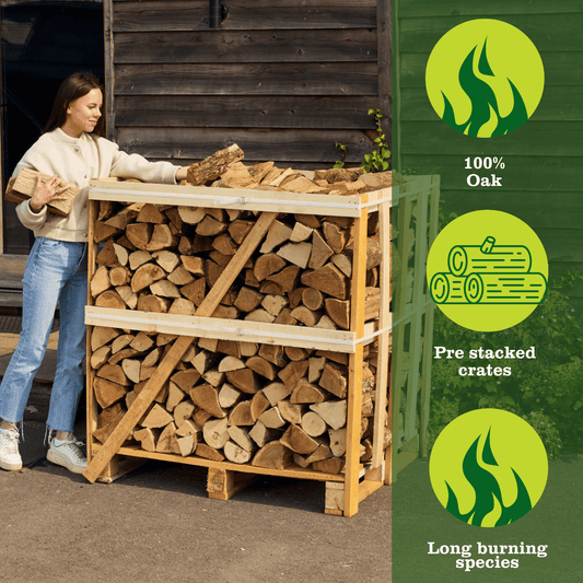 Person stacking firewood next to a wooden firewood rack with green icons and text on a green background.