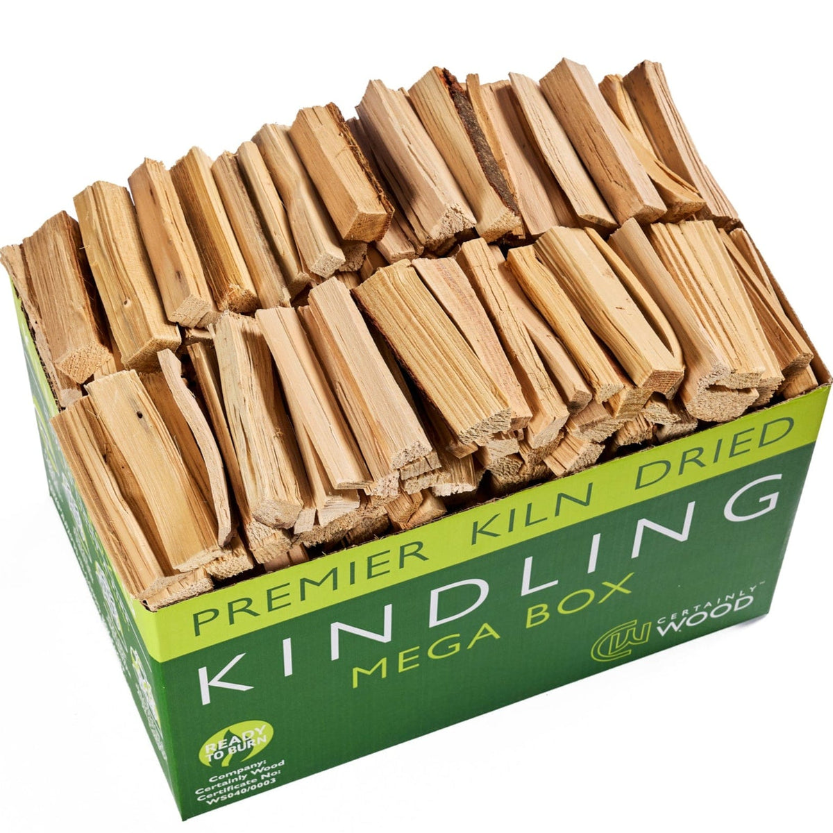 Box of kindling wood with visible branding on a white background