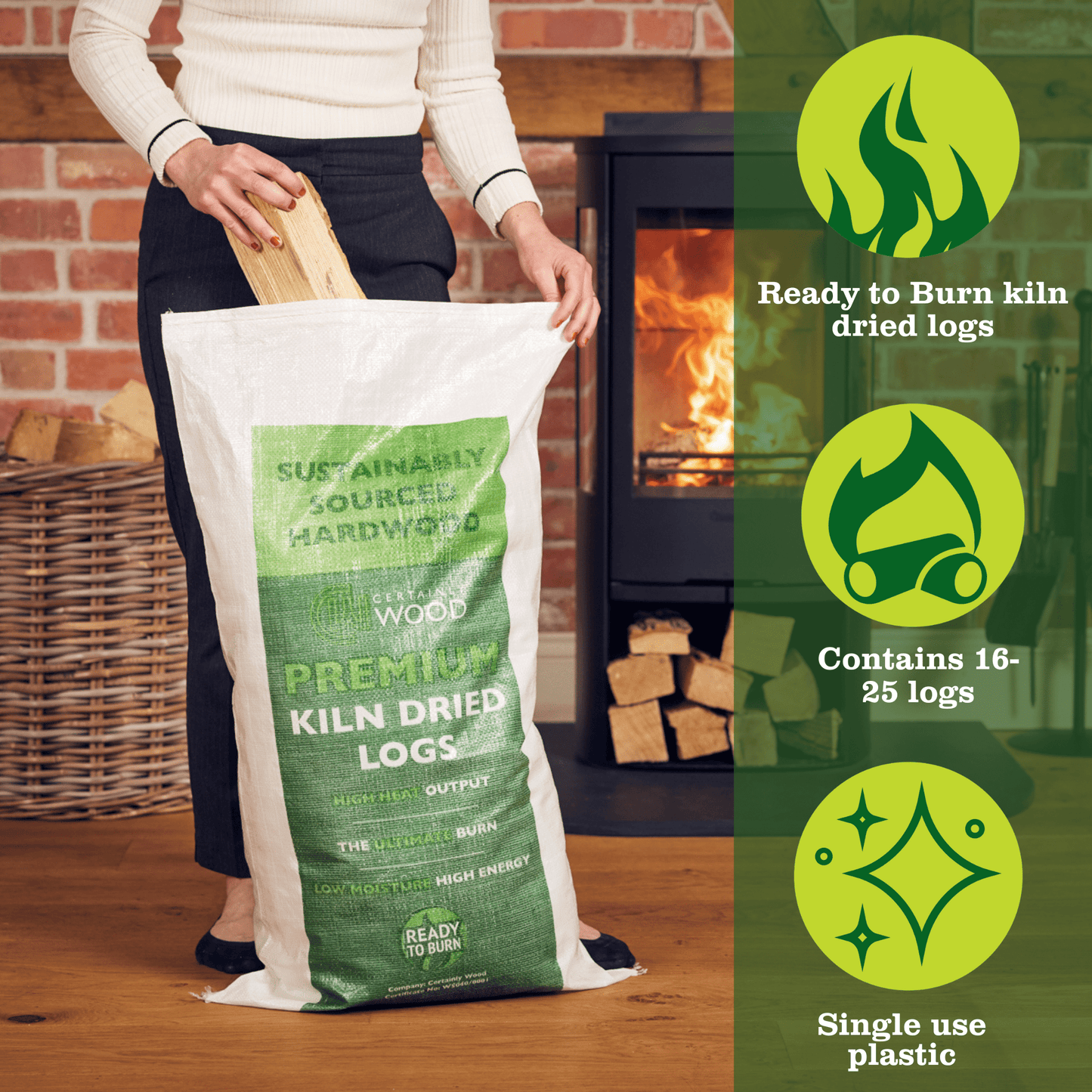 Person holding an 18kg boot bag of kiln dried logs whilst unloading the bag in front of a fireplace. 