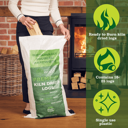 Person holding an 18kg boot bag of kiln dried logs whilst unloading the bag in front of a fireplace. 