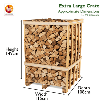 Extra large wooden crate filled with firewood, showing dimensions on a white background.