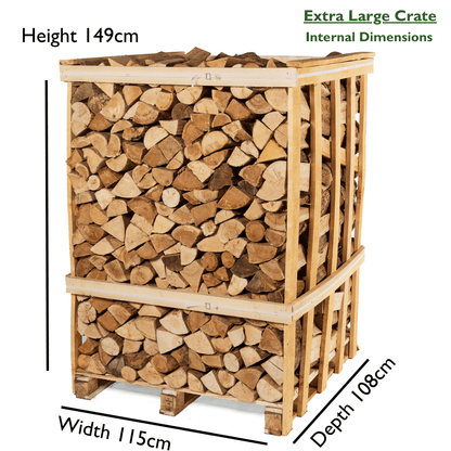 Wooden firewood crate with dimensions labeled on a white background